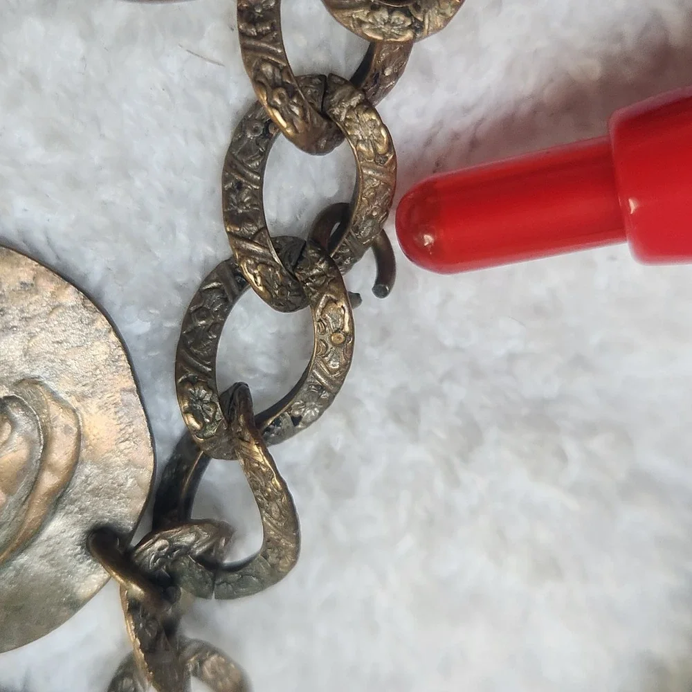 Vintage Coin Charm Bracelet Hercules Medallion Brass Tone Ornate‎ Chain AS IS